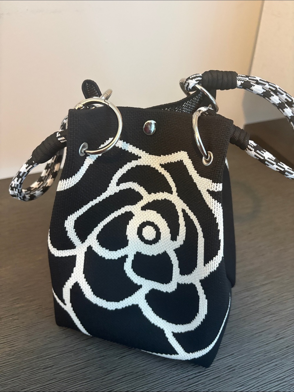 Black & White Floral Drawstring Bucket Bag - Women